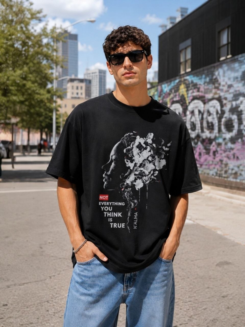 CAMISETA OVERSIZE NOT EVERYTHING YOU THINK IS TRUE NEGRA
